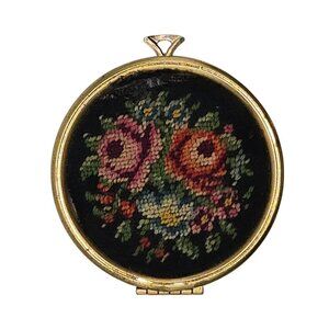 VTG AVON Compact Locket Cross Stitch Needlepoint Floral Roses Tapestry Pendent